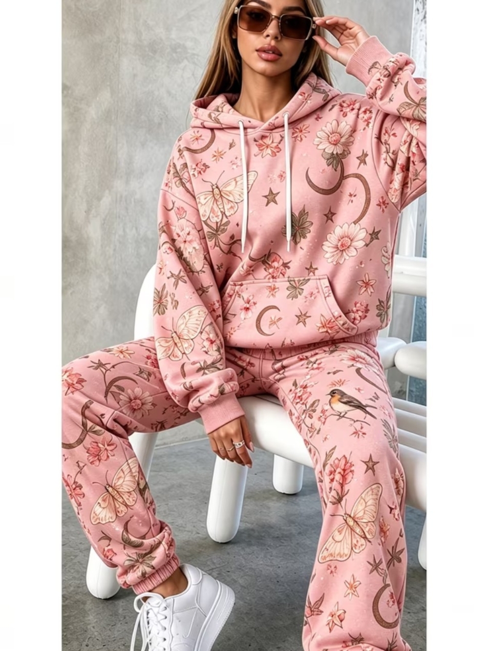 Women’s Pink Floral & Butterfly Hoodie And Sweatpants Set